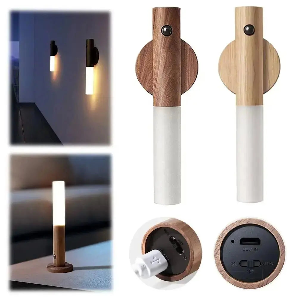 2024Creative Intelligent Auto PIR Motion Sensor LED Rechargeable Magnetic Night Light Wood Wall Light Kitchen Cabinet Light Lamp