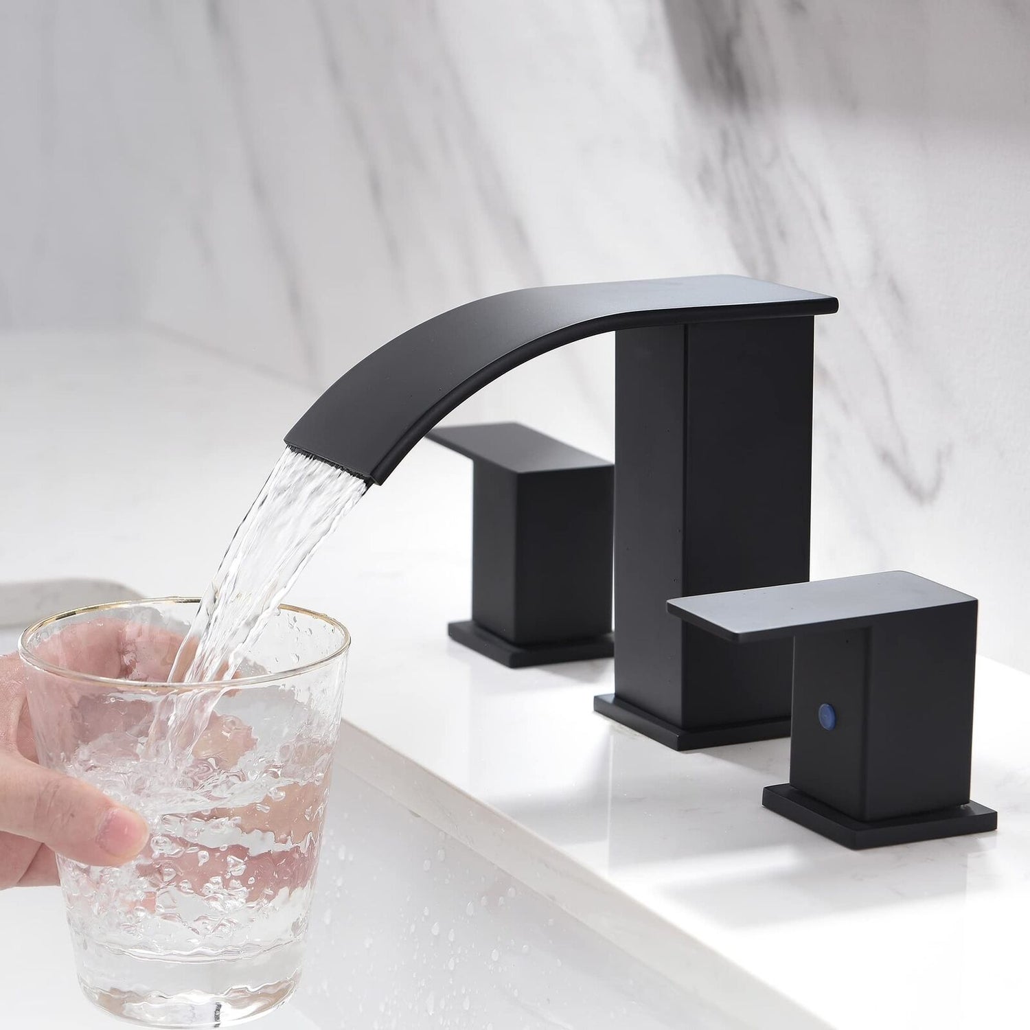 BRAVEBAR Black Waterfall Bathroom Faucet 3 Holes - 8Inch Widespread Bathroom ...